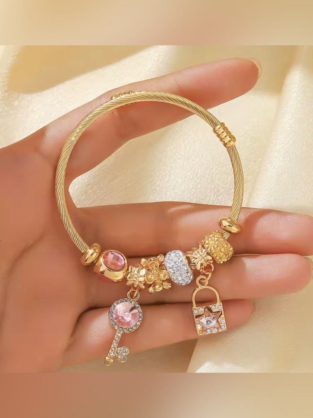 New! Gold Bracelet with Pink and Clear Crystal Charms - Picture 4 of 8